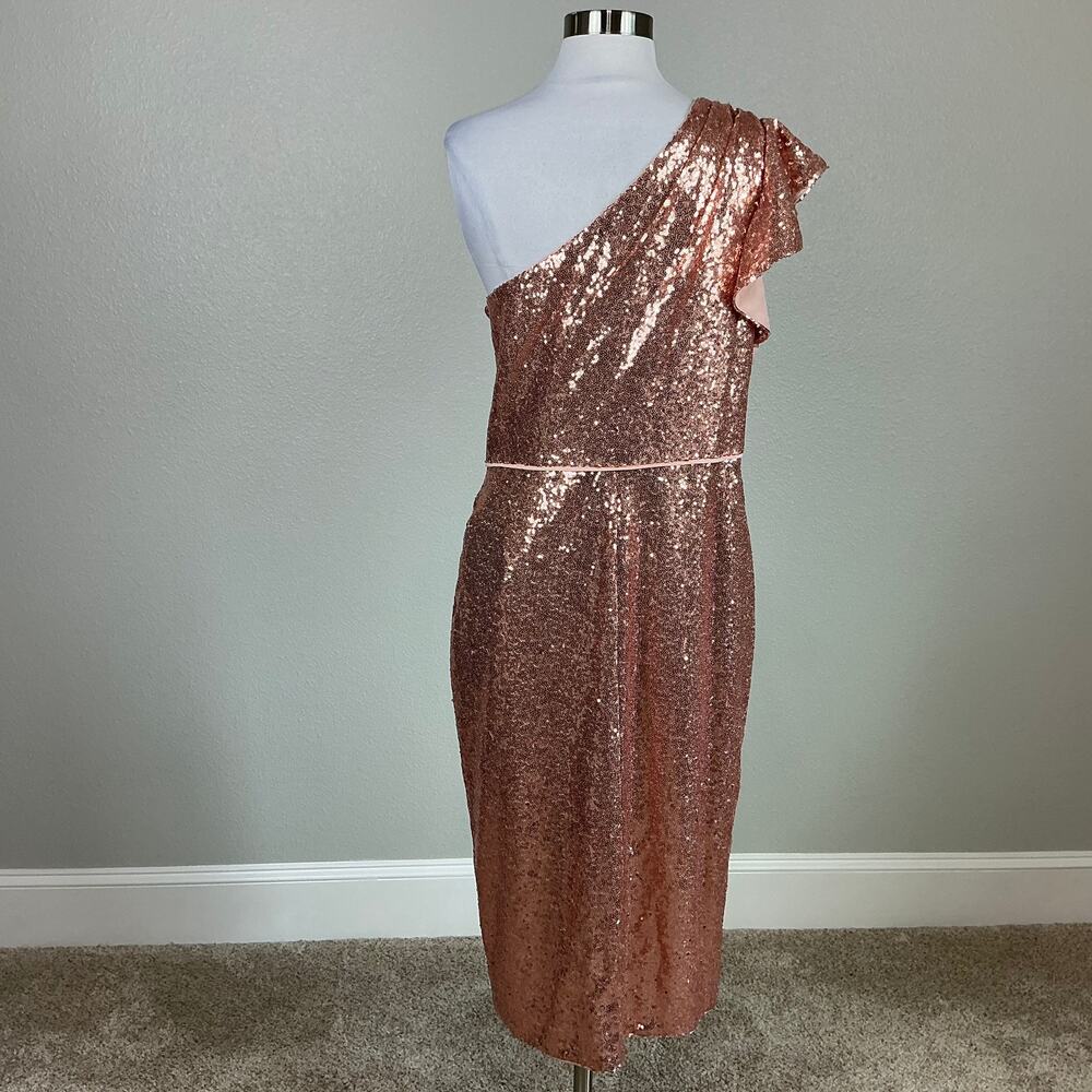 Mac Duggal 71062 Rose Gold Cocktail Dress Sequin One Shoulder Sheath Size 12 - Picture 9 of 13